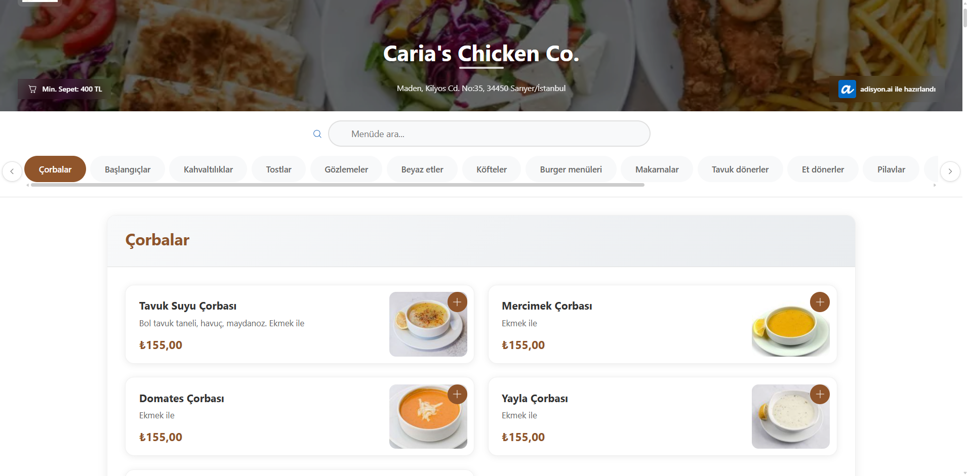 QR menü web ekran görüntüsü