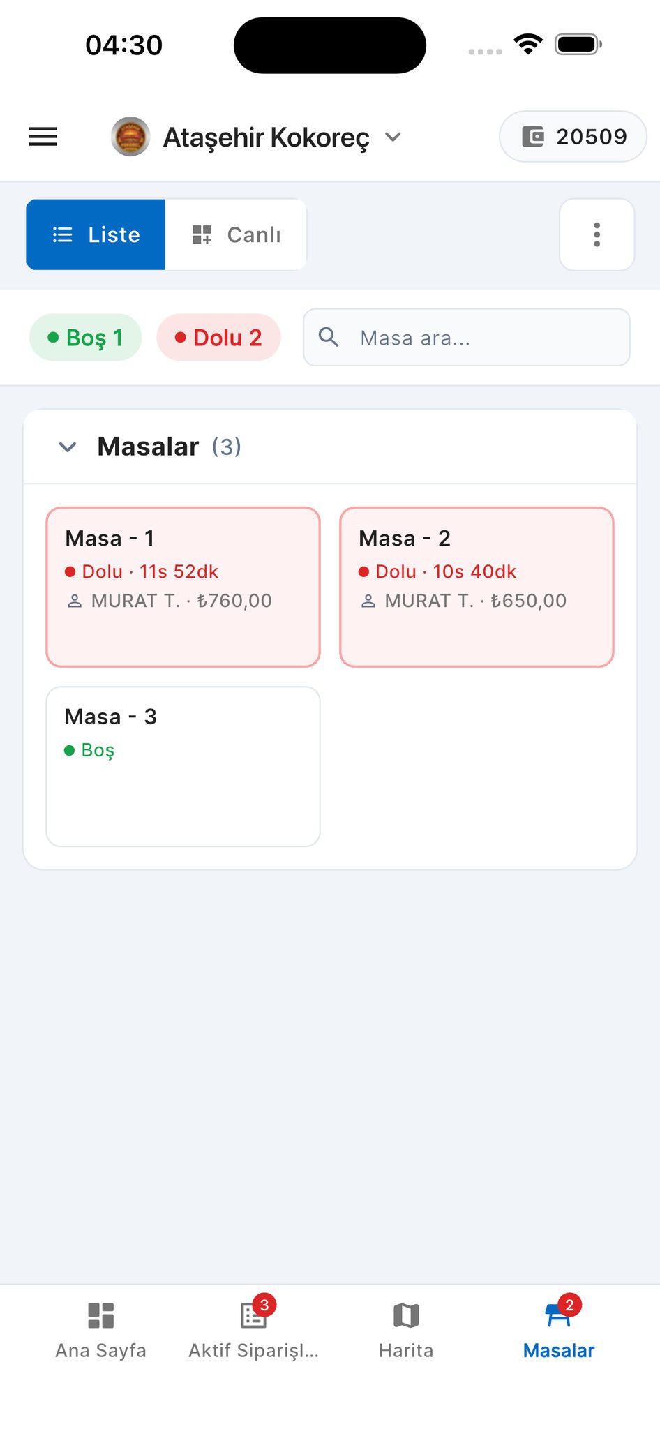Garson masa sipariş ekranı