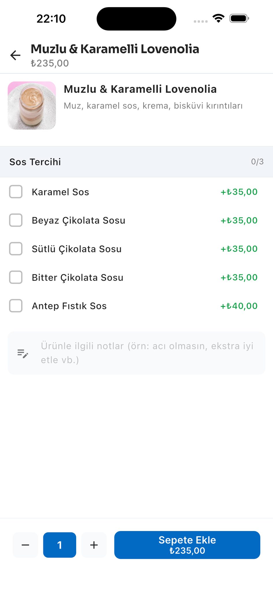 Mobil ürün seçenek ekranı